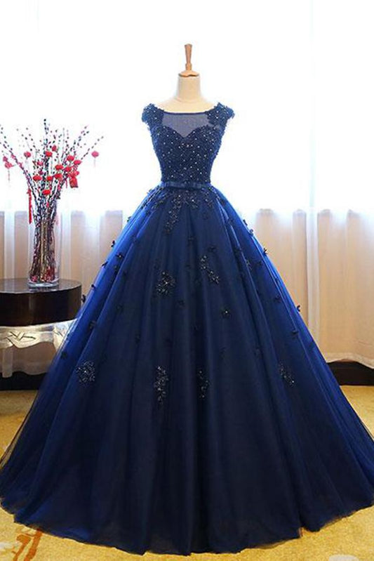 Dark Blue Tulle Lace Beads Ball Gown Open Back Sweet 16 Dress Quinceanera Dresses JS808