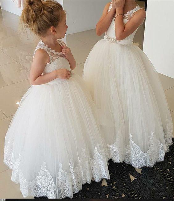 Princess Ivory Flower Girl Dresses with Lace Appliques, Cute Little Girl Dress SRS15590