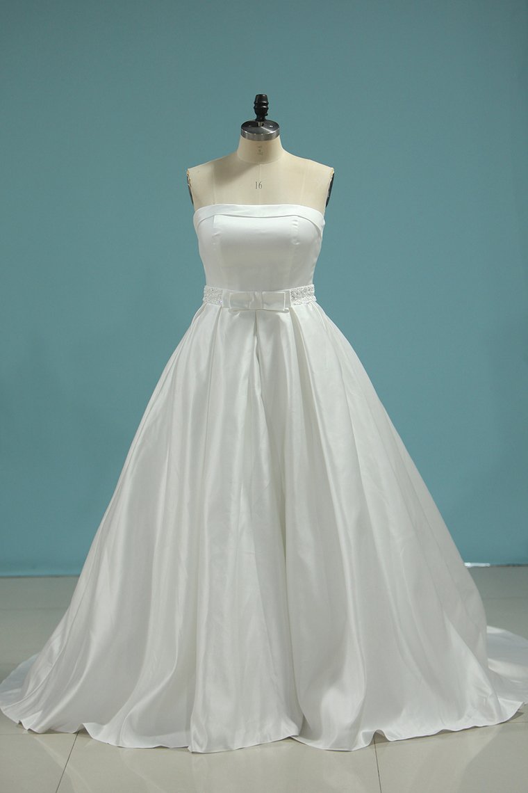 2024 Satin Strapless Beaded Waistline Wedding Dresses A Line Covered Button