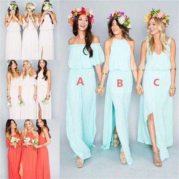 2024 Chiffon Cheap Long Pretty Young Mint Mismatched Side Split Bridesmaid Dresses