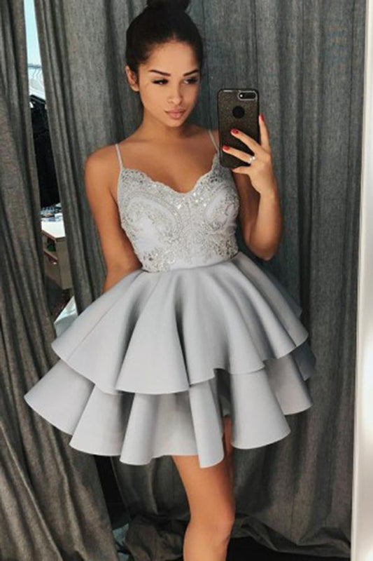 A-Line Spaghetti Straps Sweetheart Grey Satin Homecoming Dress with Lace Beading JS592