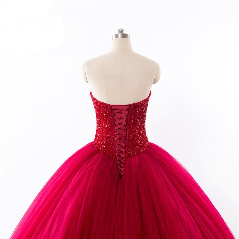 New Style Red Tulle Lace up Sweetheart Strapless Beads Ball Gown Prom Quinceanera Dress JS512