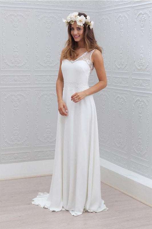 Elegant A-Line Bowknot Chiffon Open Back V-Neck Lace Sleeveless White Wedding Dress JS316