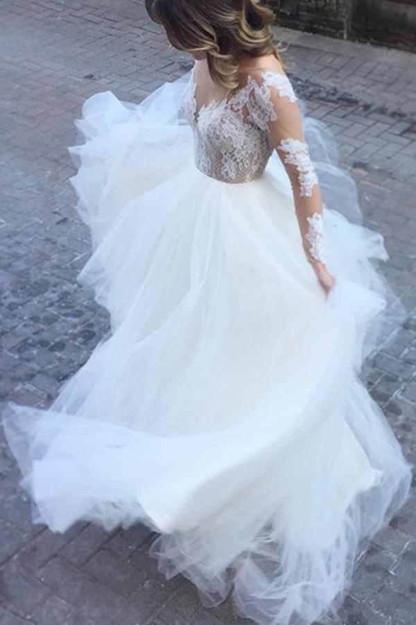 White Excellent Tulle Bateau Neckline Long Sleeves A-line Appliques Wedding Dresses JS615