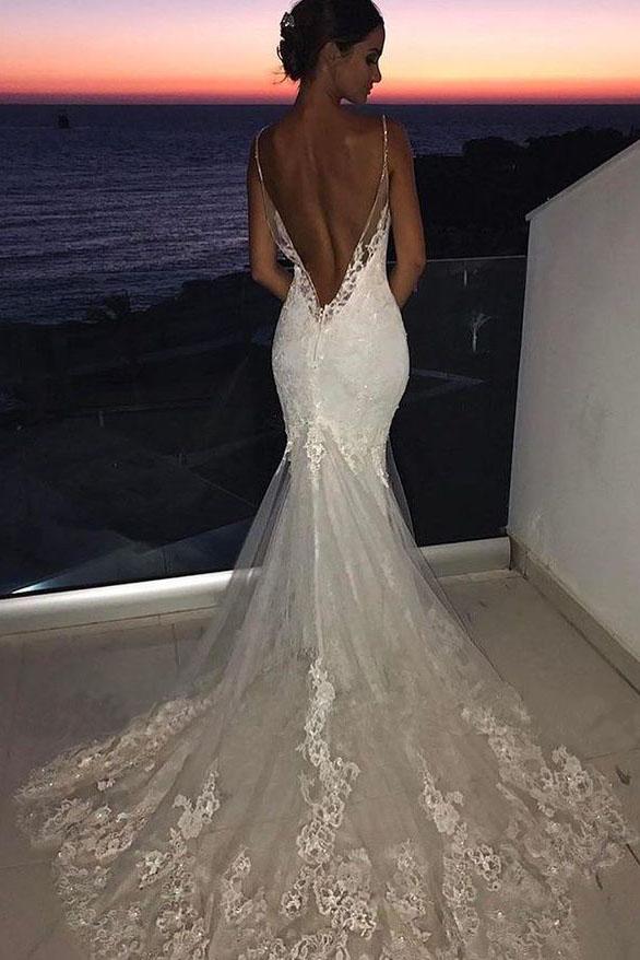 Sexy Mermaid Spaghetti Straps Wedding Dresses Lace Appliques Wedding Gowns With Tulle