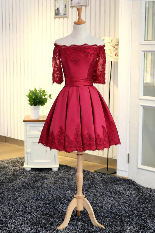 A Line Short Sleeves Satin Lace Appliques Lace up Scoop Short Prom Dress Homecoming Dresses JS752