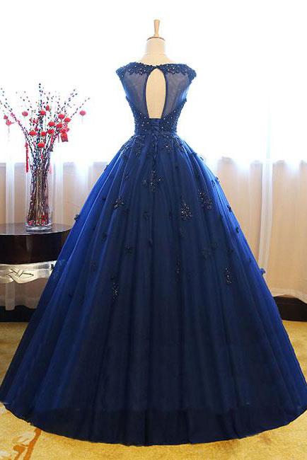 Dark Blue Tulle Lace Beads Ball Gown Open Back Sweet 16 Dress Quinceanera Dresses JS808