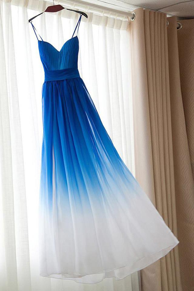 Spaghetti Strap Royal Blue Ombre Bridesmaid Dresses,Chiffon Prom Dress,A-line Bridesmaid Gown