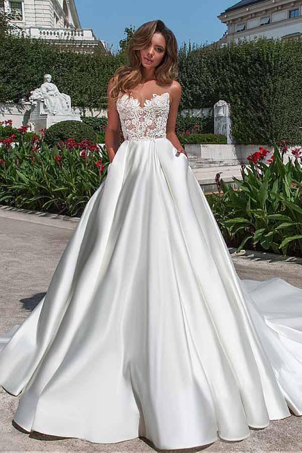 Satin Neckline A-line Open Back Lace Wedding Dress With Pockets Lace Appliques JS497