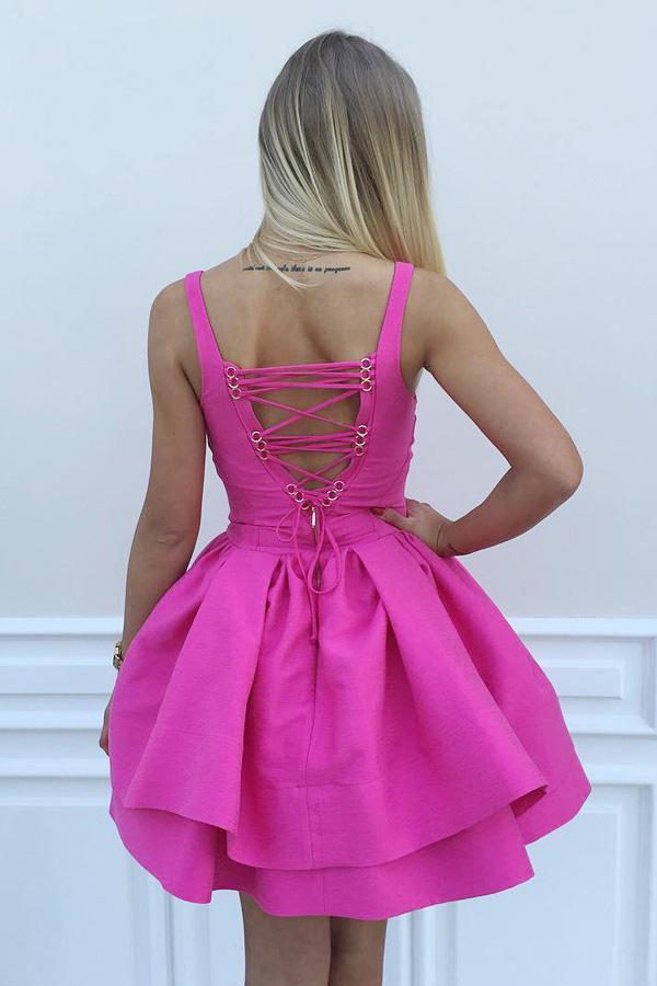 Ball Gown Scoop Eyelet Lace up Fuchsia Short Prom Dress Satin Cute Mini Homecoming Dress JS700