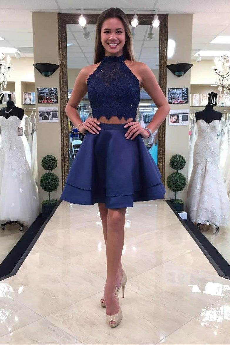 Two Piece Round Neck Short Tiered Satin Blue Open Back Homecoming Dress with Lace JS259