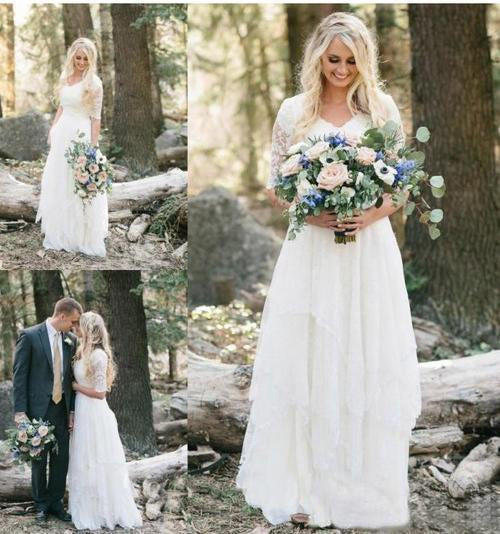 Bohemian Forest A Line V Neck Half Sleeves Sweetheart Lace Chiffon Wedding Dresses JS273