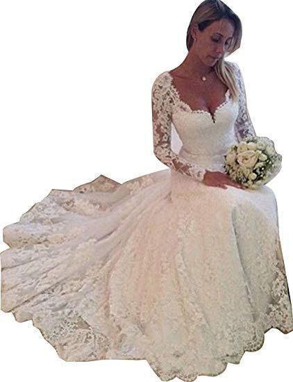 A-Line Lace Appliques V Neck Tulle Long Sleeve Ivory Covered Buttons Wedding Dresses