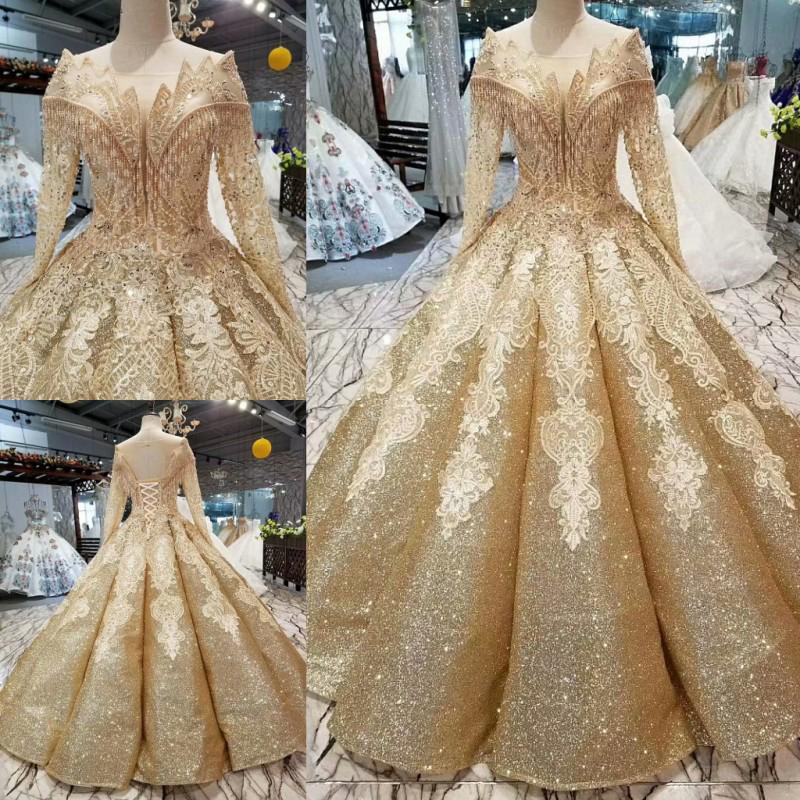 Ball Gown Gold Long Sleeves Lace Appliques Sequins Open Back Beads Quinceanera Dresses JS894