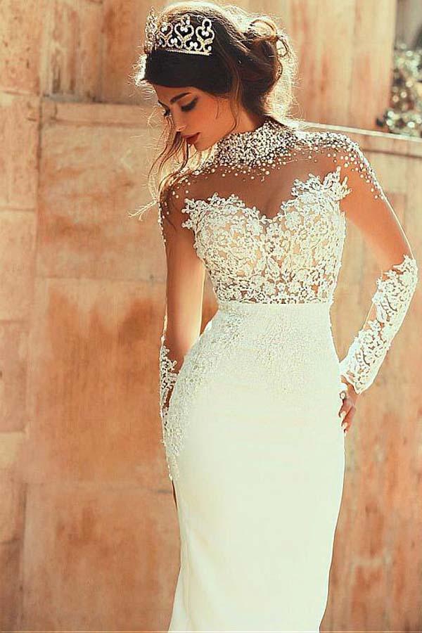 Long Sleeve Mermaid High Neck Lace Appliques Open Back Ivory Long Wedding Dresses JS145