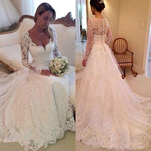 A-Line Lace Appliques V Neck Tulle Long Sleeve Ivory Covered Buttons Wedding Dresses