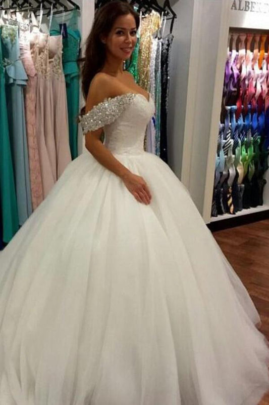 Wonderful Ball Gown Beaded Off the Shoulder Sweetheart Tulle White Wedding Dresses JS685