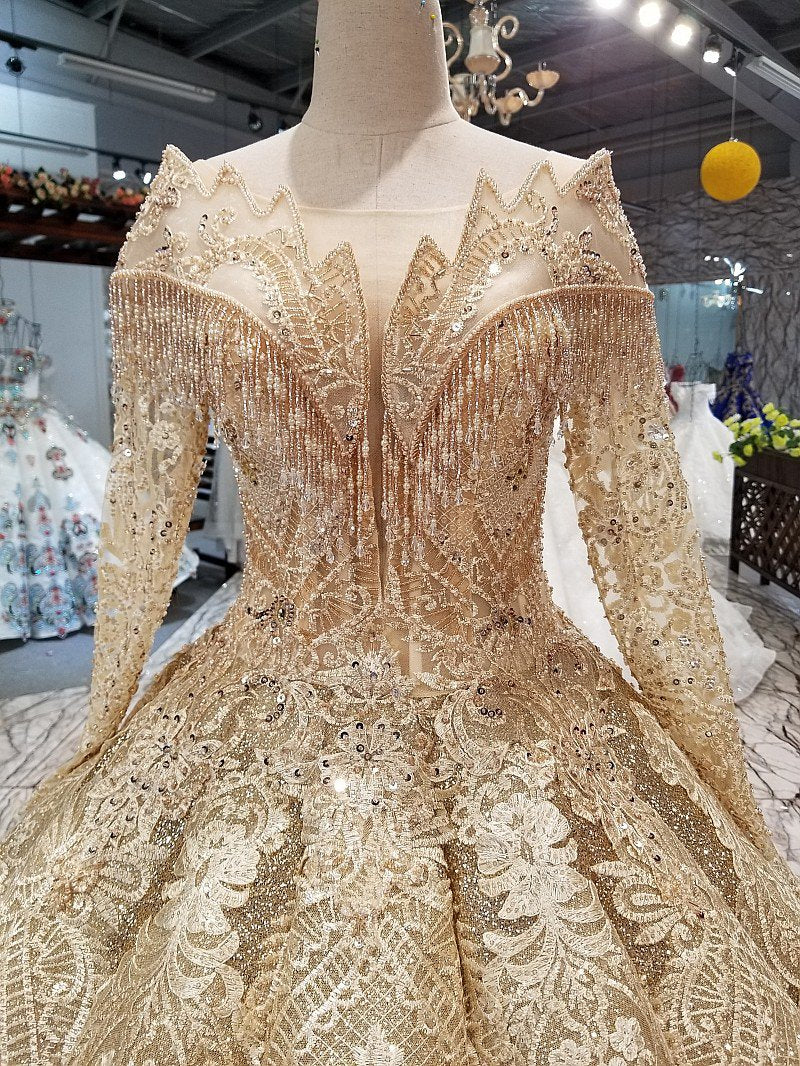 Ball Gown Gold Long Sleeves Lace Appliques Sequins Open Back Beads Quinceanera Dresses JS894