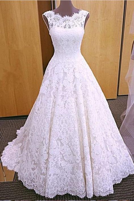 Chic Romantic Open Back A line Short Train Lace Ivory Long Wedding Dresses JS149