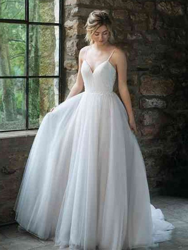 Spaghetti Sweep/Brush Ruffles Straps A-Line/Princess Tulle Train Sleeveless Wedding Dresses