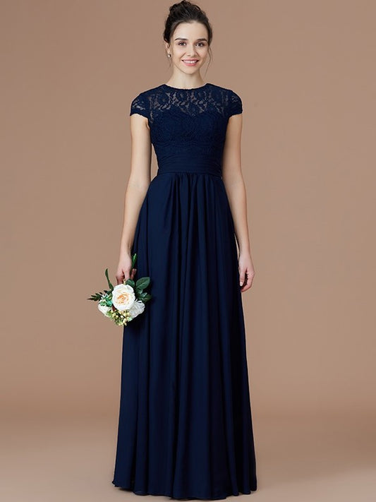 Lace Sleeves Jewel A-Line/Princess Short Floor-Length Chiffon Bridesmaid Dresses