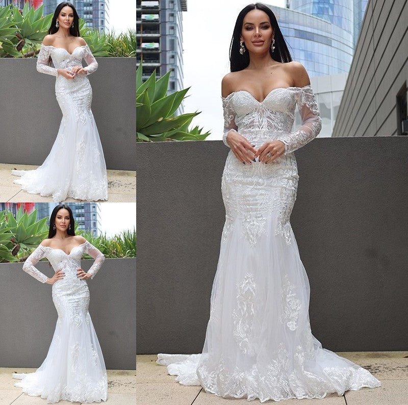 Sweep/Brush Applique Sleeves Off-the-Shoulder Long Trumpet/Mermaid Tulle Train Wedding Dresses