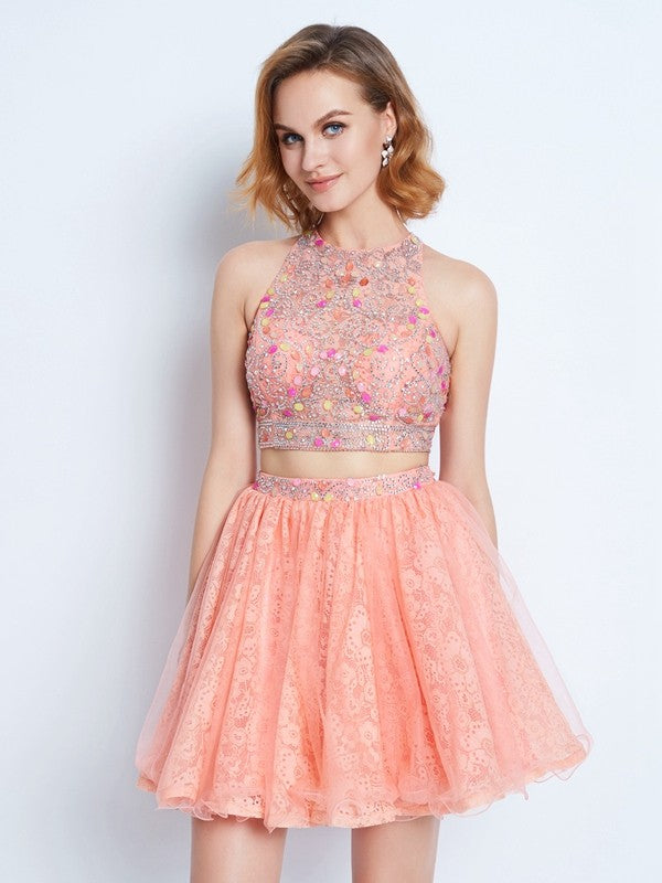 A-Line/Princess Jewel Ryleigh Sleeveless Homecoming Dresses Lace Beading Short/Mini Two Piece Dresses