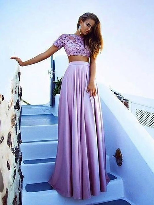 Floor-Length Satin Lace Bateau Short A-Line/Princess Sleeves Two Piece Dresses