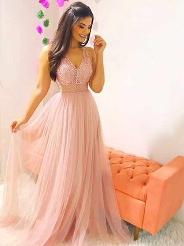 Train A-Line/Princess Sweep/Brush V-neck Sleeveless Crystal Tulle Dresses