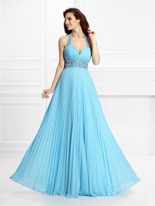 Sleeveless A-Line/Princess Halter Rhinestone Long Chiffon Dresses