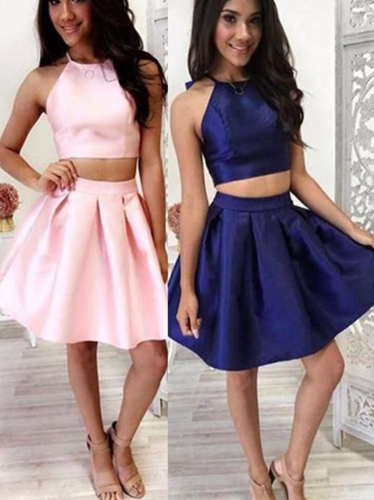 Ruffles A-Line/Princess Satin Two Sleeveless Halter Short/Mini Piece Homecoming Dress