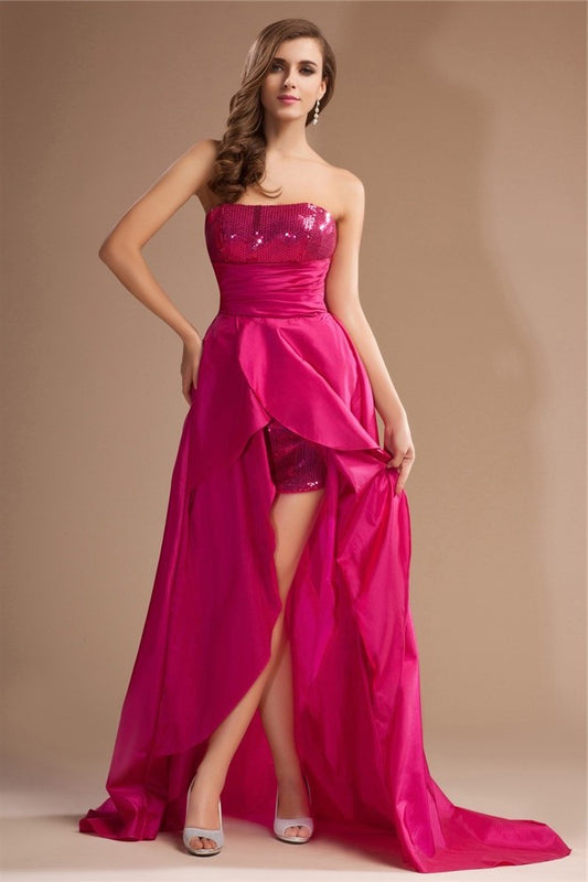 Sleeveless High Sequin A-Line/Princess Lace Strapless Low Taffeta Dresses