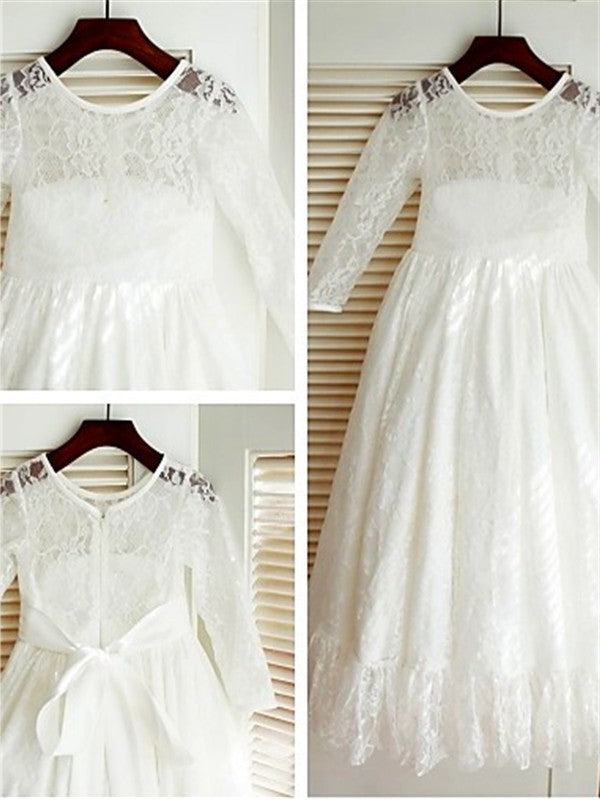 Lace Ankle-Length A-line/Princess Sleeves Long Bowknot Scoop Flower Girl Dresses