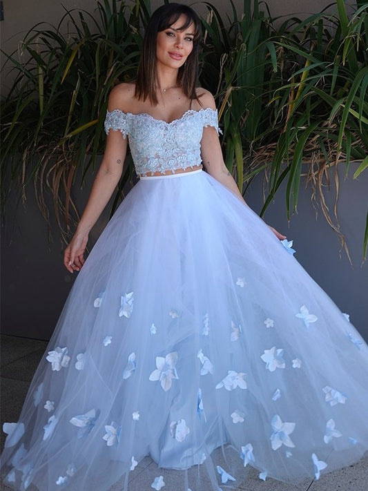 Floor-Length Off-the-Shoulder Applique Tulle A-Line/Princess Sleeveless Two Piece Dresses