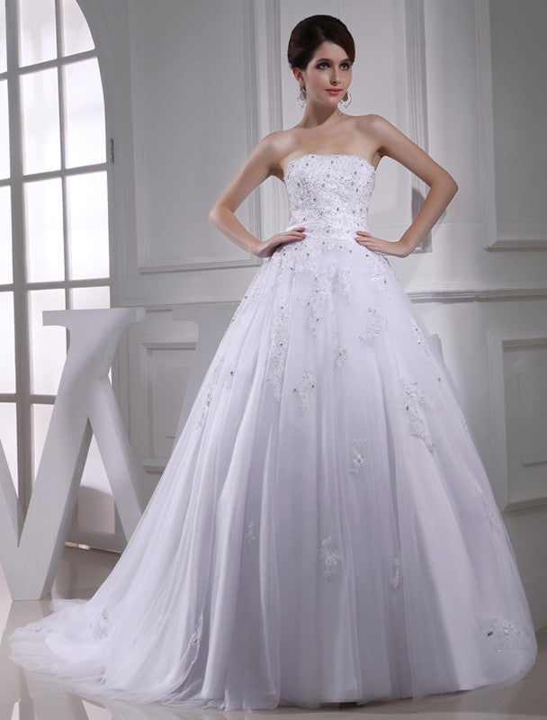 Strapless Beading Satin Gown Ball Applique Sleeveless Tulle Wedding Dresses