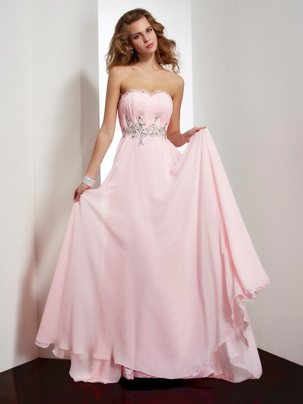 Applique Sleeveless A-Line/Princess Beading Sweetheart Long Chiffon Dresses