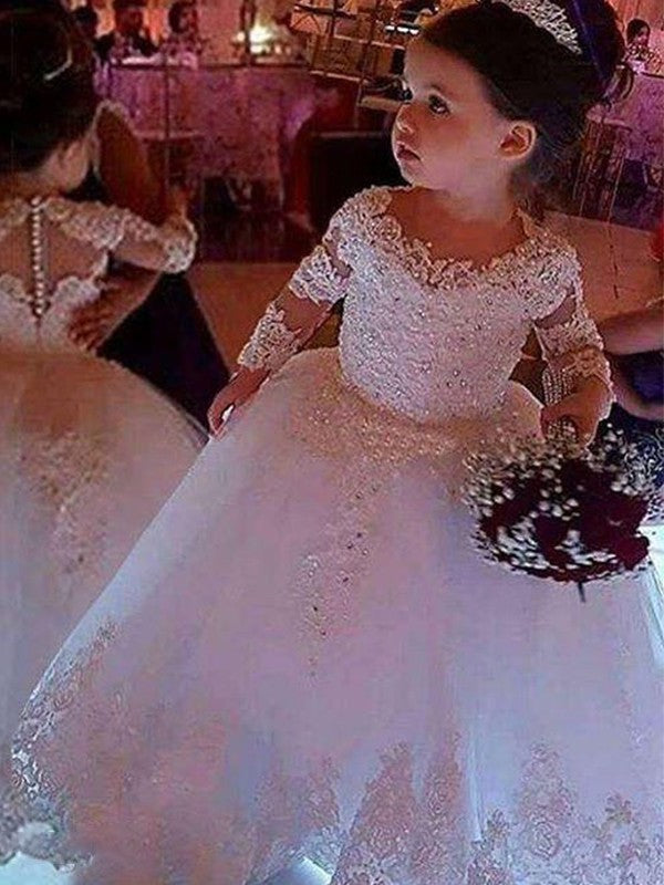 Applique Tulle Scoop Floor-Length Long Sleeves Ball Gown Flower Girl Dresses