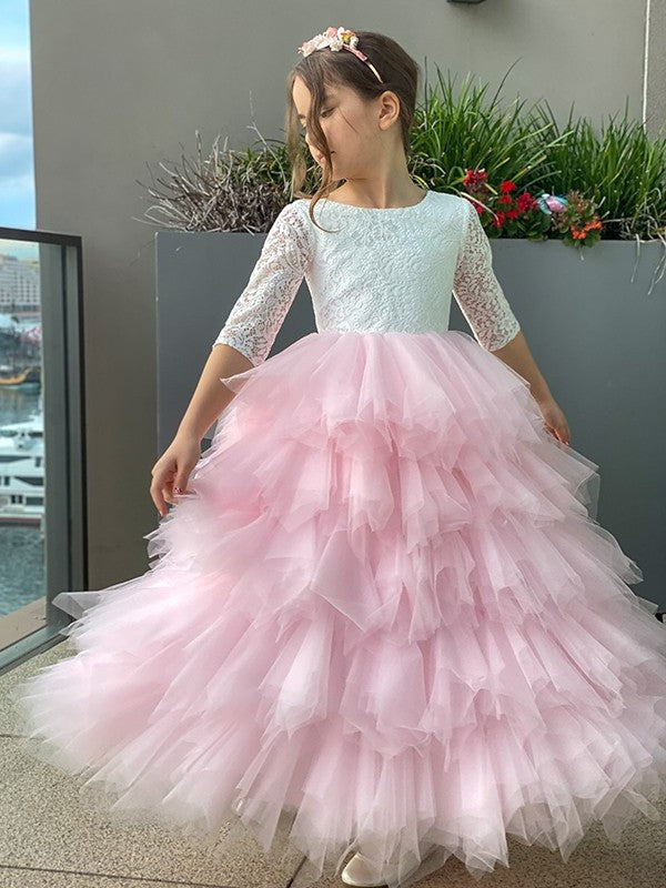 Sleeves 3/4 A-Line/Princess Tulle Scoop Lace Ankle-Length Flower Girl Dresses