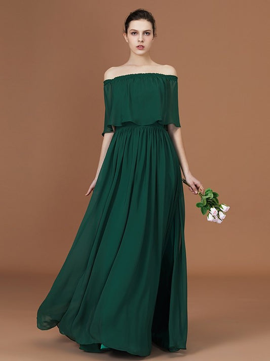 Pleats Floor-Length A-Line/Princess Off-the-Shoulder Chiffon Bridesmaid Dress