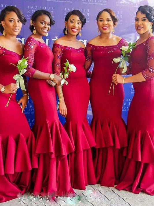 Sleeves Trumpet/Mermaid Stretch Off-the-Shoulder 3/4 Ruched Floor-Length Crepe Bridesmaid Dresses