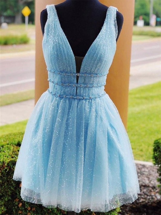 Beading A-Line/Princess Sleeveless Tulle V-neck Short/Mini Homecoming Dresses