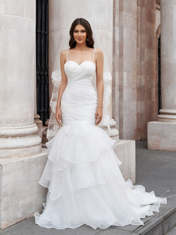 Straps Trumpet/Mermaid Sleeveless Layers Spaghetti Organza Sweep/Brush Train Wedding Dresses