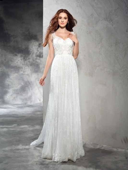 Lace A-Line/Princess Straps Sleeveless Long Lace Wedding Dresses