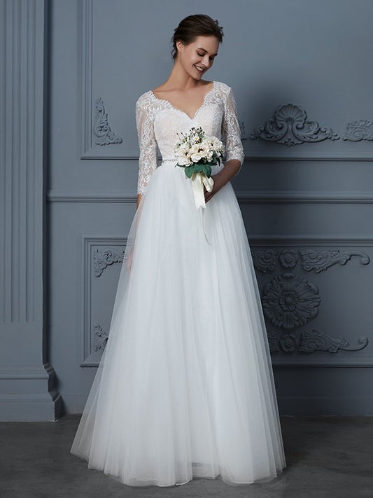 3/4 A-Line/Princess V-neck Floor-Length Sleeves Lace Tulle Wedding Dresses