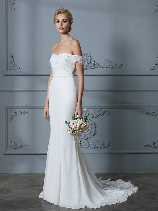 Trumpet/Mermaid Sleeveless Sweep/Brush Off-the-Shoulder Chiffon Lace Train Wedding Dresses