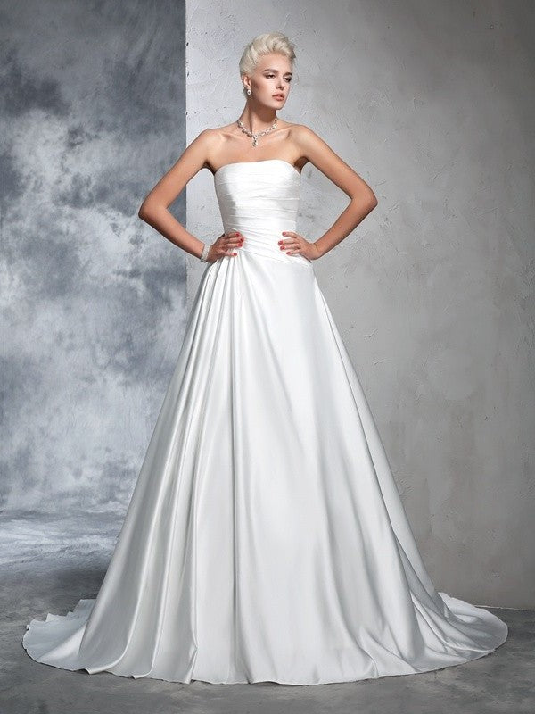 Strapless Gown Ruched Long Sleeveless Ball Satin Wedding Dresses