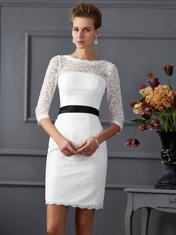 3/4 Sheath/Column Sleeves Lace of Scoop Sash/Ribbon/Belt Mother Short the Bride Dresses