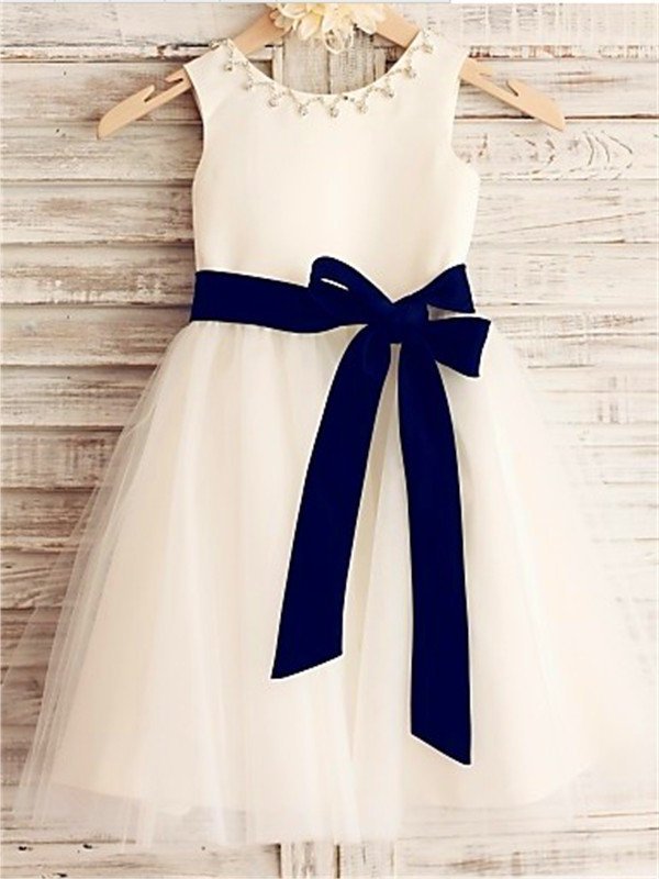 Bowknot A-line/Princess Tea-Length Tulle Sleeveless Scoop Flower Girl Dresses