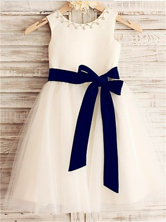 Bowknot A-line/Princess Tea-Length Tulle Sleeveless Scoop Flower Girl Dresses