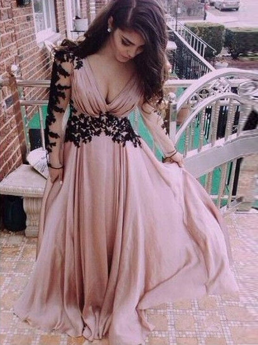 Chiffon V-neck Sleeves A-Line/Princess Long Applique Floor-Length Dresses